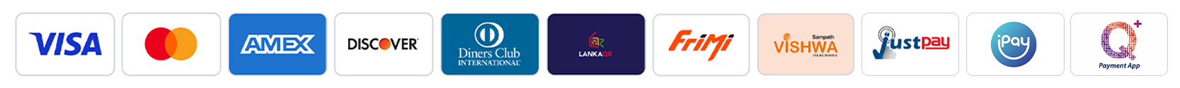 Pay Via Visa, Master Card, AMEX (Debit Or Cridit Card),Discover,Dinners Club, Sampath Vishwa,Frimi